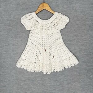Vintage Handmade Cream Crochet Baby Girls Dress Cottagecore Flowers 12-18 Month?
